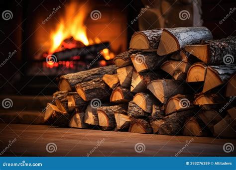 Bundle of Firewood Stacked beside a Glowing Fireplace Stock Image ...