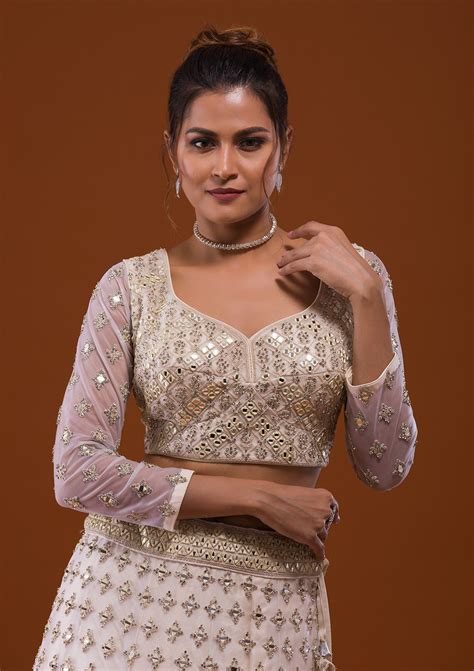 Buy Off White Mirrorwork Net Readymade Lehenga - Koskii