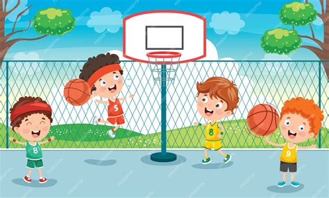 Premium Vector | Little kids playing basketball outside