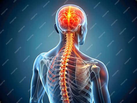 Medical 3D xray illustration of a human spine and brain painful nerves are highlighted in red ...