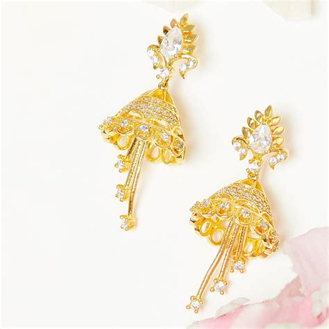 American Diamond CZ Traditional Gold Plated White Brass Jhumka Earring ...