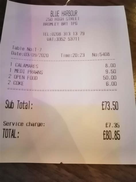 Menu at Blue Harbour London restaurant, Bromley