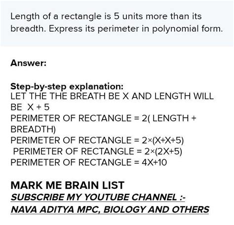 Length of a rectangle is 5 units more than its breadth. Express its ...