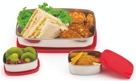 Signoraware Hot Shot Steel Lunch Box, 850ml+100ml+100ml, Set of 3, Red ...