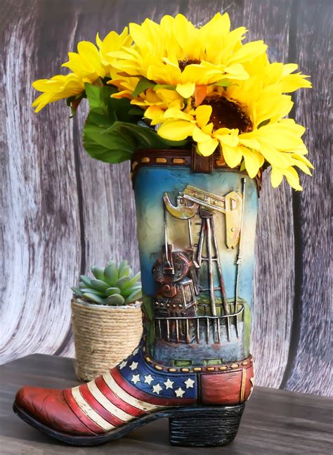 Rustic Western Oil Derrick Pump Jack USA Flag Cowboy Boot Flower Vase ...