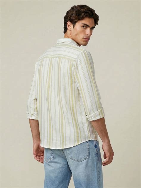 Men's Light Green Cotton Full Sleeve Relaxed Fit Linen Striped Shirt w ...
