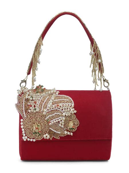 Anekaant Coffer Cherry Red & Gold Floral Embellished Velvet Clutch