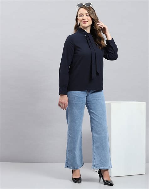 Buy Women Navy Blue Solid Mock Neck Full Sleeve Winter Top Online in ...