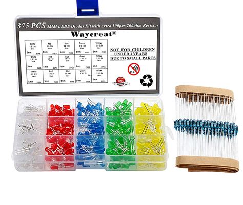 Waycreat 375PCS (5 colors x 75pcs) 5mm LED Emitting Diodes Assorted ...