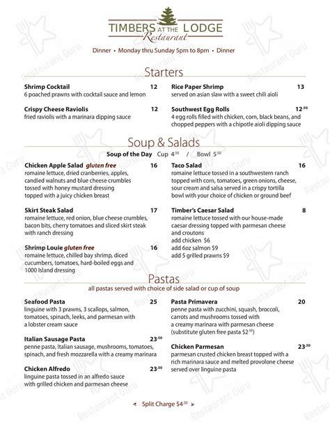 Menu at Timbers At the Lodge restaurant, Roseville