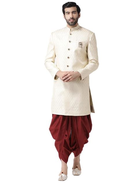 Buy KISAH Men's Sherwani Dhoti Set, Indo-Western Off White Cotton Blend ...