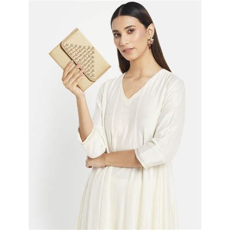 Buy Fabindia Gold Fabric Zari Embroidered Clutch Online