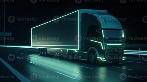 Autonomous Semi Truck with Cargo Trailer Drives at Night on the Road ...