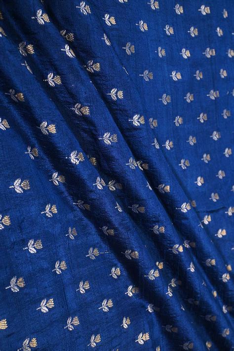 Royal Blue Pure Raw Silk Fabric with Gold and Silver Zari Motifs ...