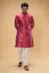 Buy Pink Jacquard, Chanderi Floral Woven Kurta And Churidar Set For Men ...