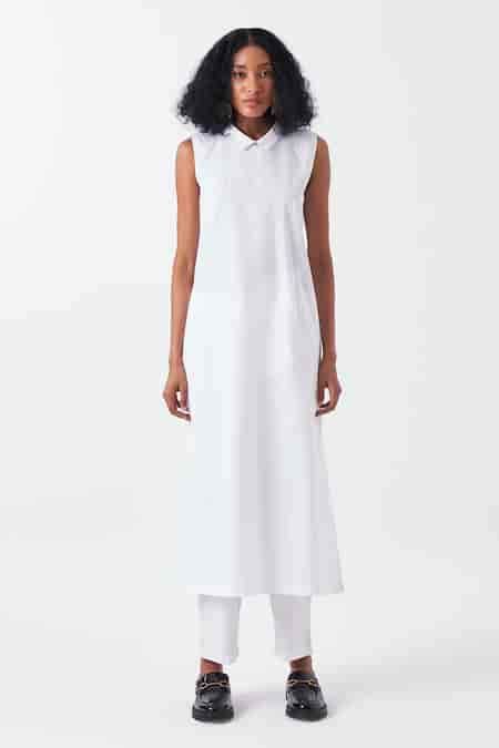 Buy White Poplin Solid Collar Neck Sleeveless Tunic For Women by THREE ...