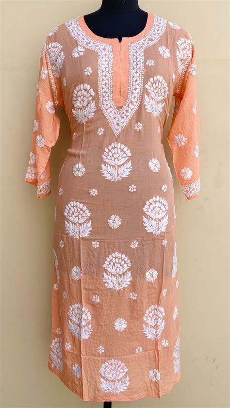 Lucknowi Chikankari Kurti Peach Modal Cotton – Chikirpolo