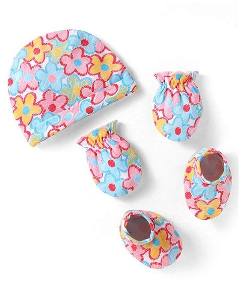Babyhug Interlock Knit Cap Mittens & Booties Set with Floral Prints ...