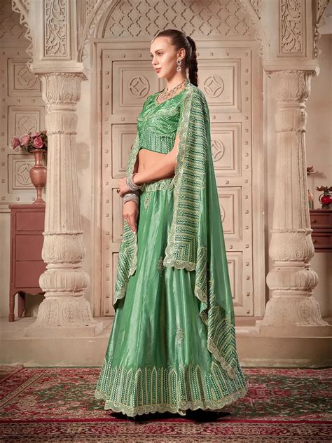 Pista Green Bridal Lehenga Choli Set with Heavy Zarkan and Thread ...
