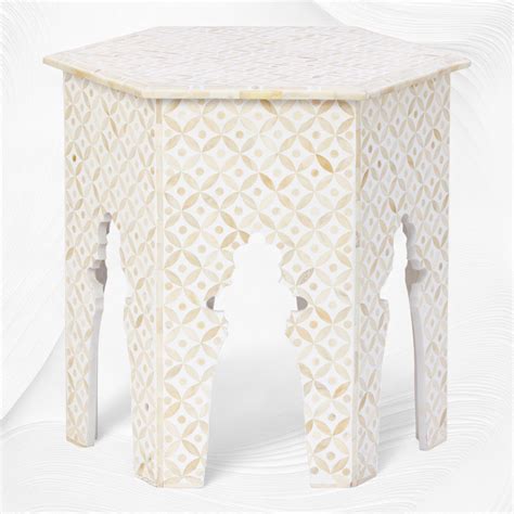 Geometric Bone Inlay Hexagonal Side Table White – Luxury Handicrafts