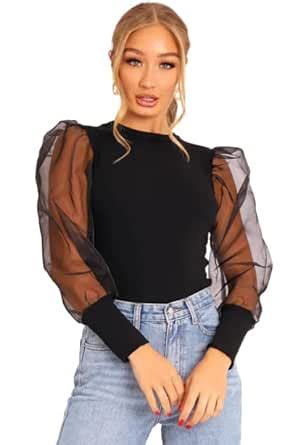 PRITHS Women puff sleeve organza top (XS, Black) : Amazon.in: Clothing ...