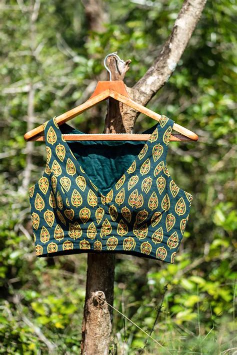 Desert Bloom Green Ajrakh Saree Blouse - I Love Sarees