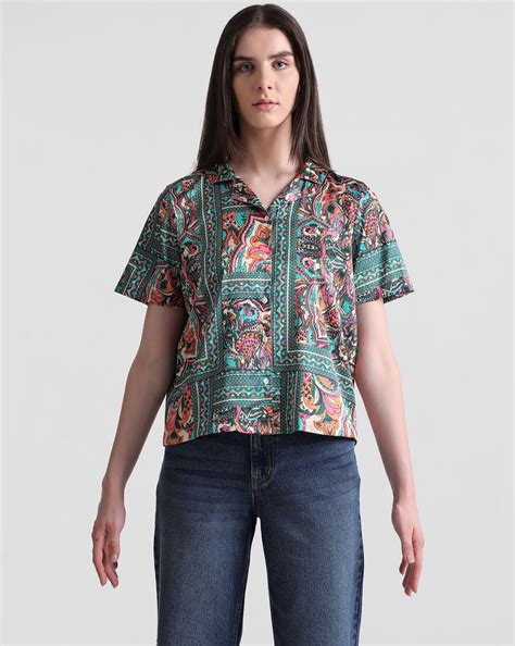 Green Abstract Print Satin Shirt