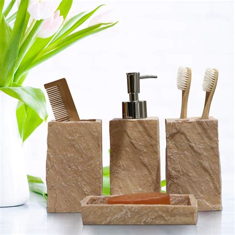 Bathroom Set 4 Piece, Beige Polyresin Bath Set Collection of Liquid ...