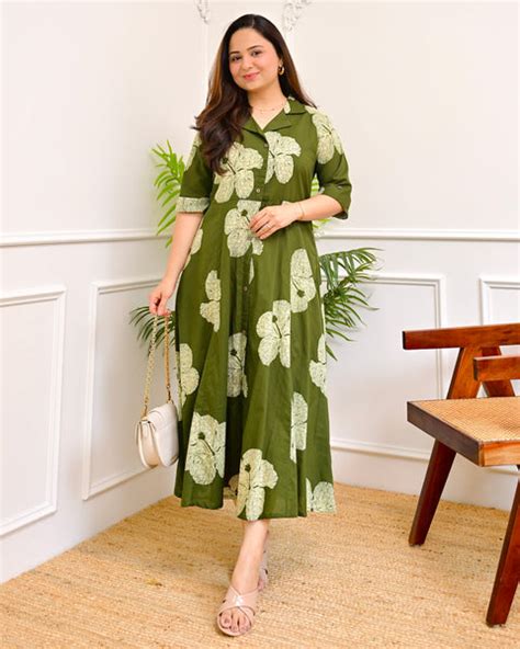 Forest Green Floral Print A Line Pure Cotton Maxi Dress For Women ...