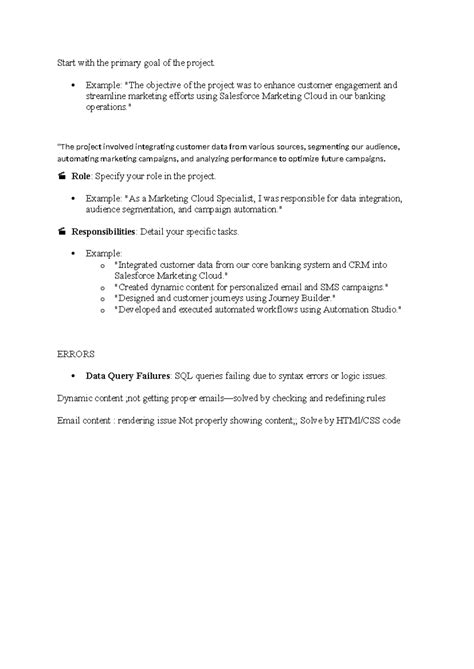 Project SFMC - Start with the primary goal of the project. Example ...