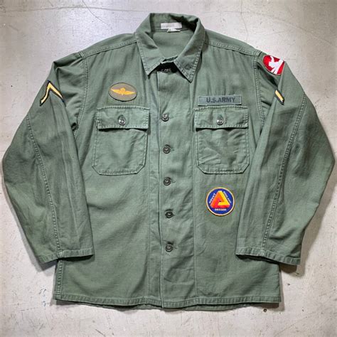 60's U.S.ARMY OG107 コットンサテンユーティリティーシャツ 1st 後期 DSA-1-1487-63-C フルパッチ 筒袖 ...