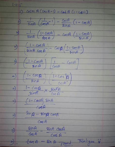 cosecA(secA-1)-cotA(1-cosA)=tanA-sinA - Brainly.in