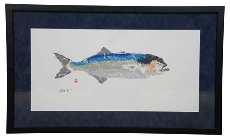 Vintage Japanese Gyotaku Nautical Bluefish Ocean Fish Framed Print 30"