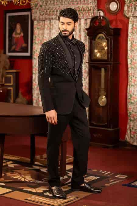 Buy Black Wool Cut Work Placement Embroidered Tuxedo Jacket With Pant ...