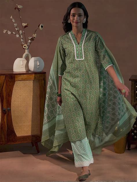 Buy Green Printed Cotton Straight Suit With Dupatta Online at Rs.1299 ...