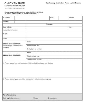 Fillable Online chickenshed org Membership Application Form Adult ...