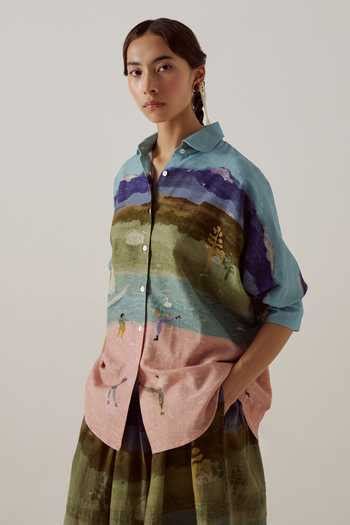 Buy Blue Cotton Collared Kiera Skater Print Shirt For Women by Cord ...