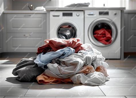 A messy pile of dirty laundry beside washing machines in a light gray ...