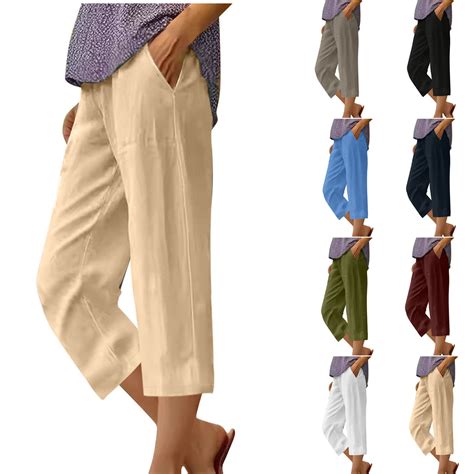 Elvqul Womens Plus Size Capris Beige Womens Pants Clearance Pockets ...