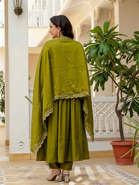 Mehndi Green Embroidery With Real Mirror Work Roman Silk Kurti Set ...
