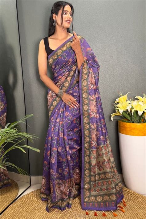Evocative Purple Kalamkari Printed Saree With Lagniappe Blouse Piece ...