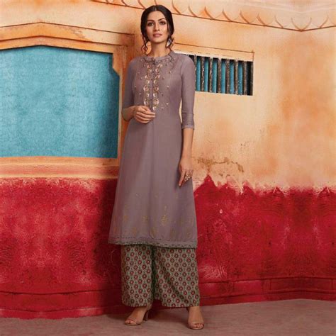 Flamboyant Grey Colored Partywear Embroidered Pure Muslin-Silk Kurti ...