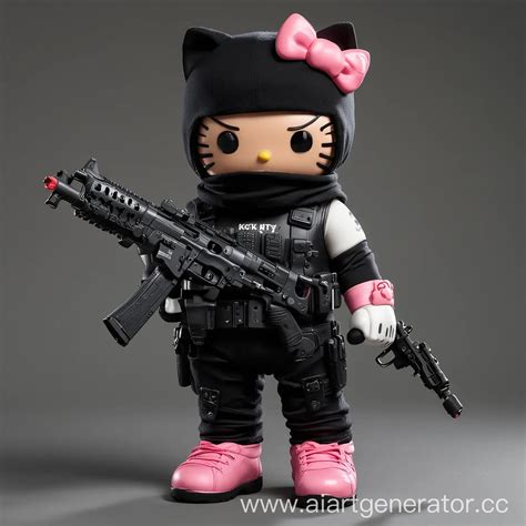 Muscular Hello Kitty Wearing Balaclava with Extended Mag Tec9 Gun | AI ...