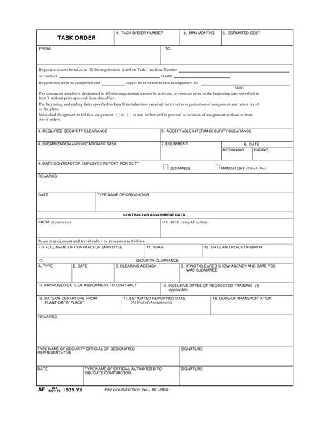 AF Form 1635 - Task Order (LRA) – Document Template