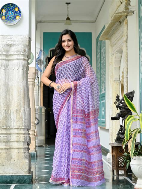 Purple Bootie Pure Hand Block printed Kota Doria saree – Jaipur Tex