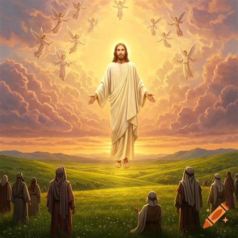 Jesus ascending into the sky with angels and people watching from below ...