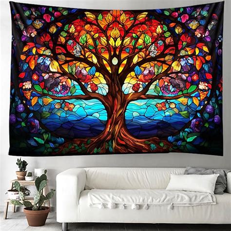 L.T.HOME Tree of Life Hanging Tapestry Stained Glass Colorful Wall Art ...