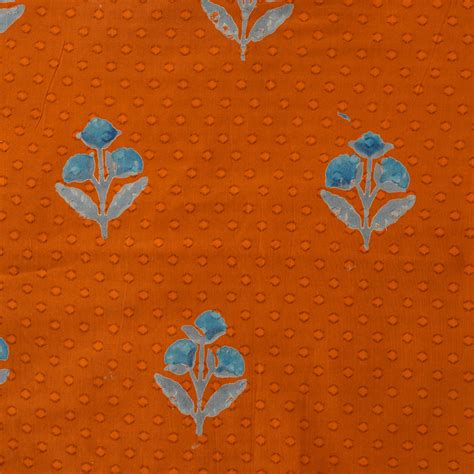 Pure Cotton Doby Discharge Orange With Blue Big Flower Motifs Hand Blo ...