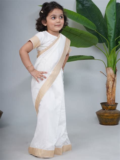 Girls Cream Stitched blouse with Ready to wear South Indian Kids Saree ...