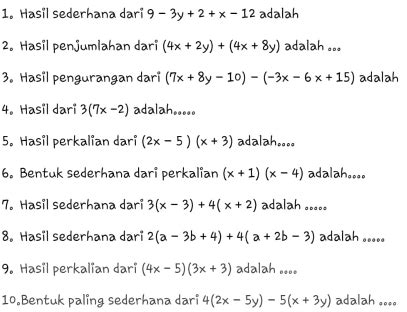 Solved: Hasil sederhana dari 9-3y+2+x-12 adalah 2. Hasil penjumlahan ...